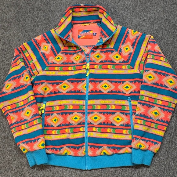 Chubbies Mens Fleece Jacket Large  Orange Aztec Southwestern Full Zip Lined - Picture 6 of 7